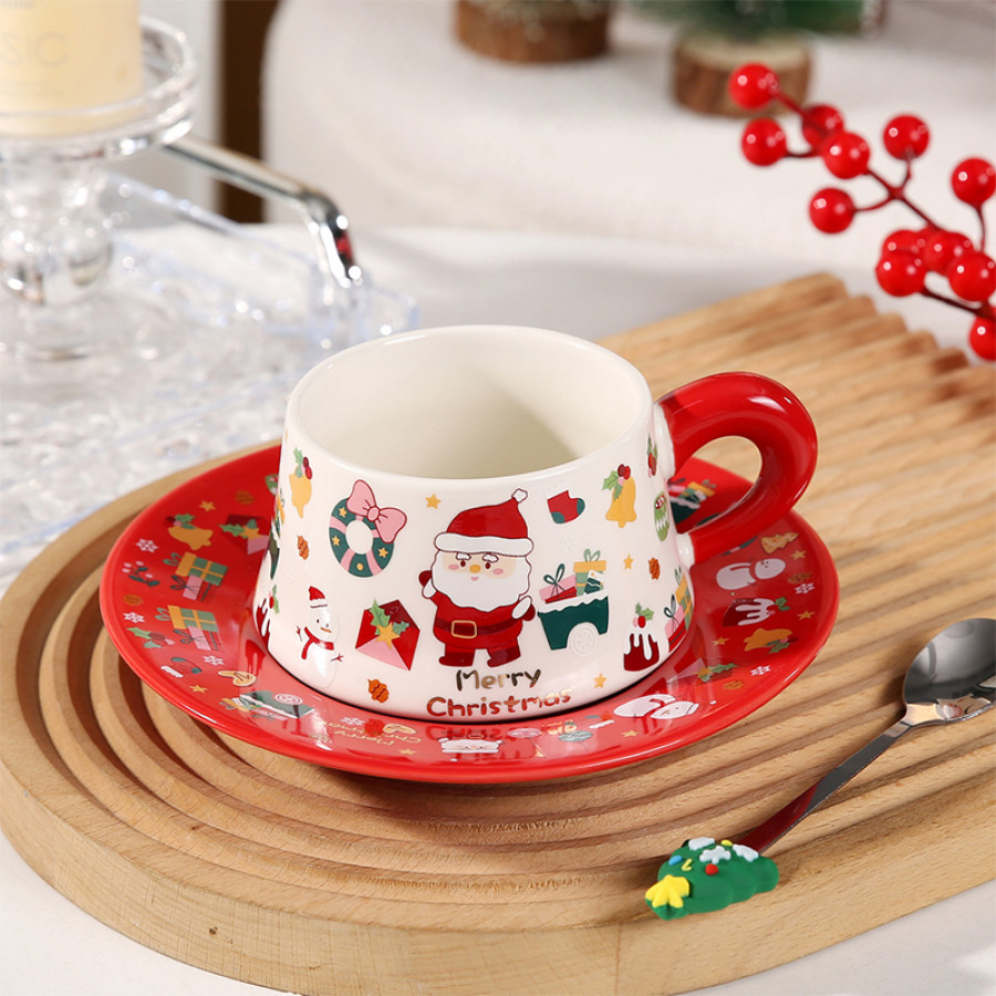 Рождественская чашка "Merry Christmass" Санта-Клаус JJX005 кружка с блюдцем с ложечкой новогодняя в подарочной упаковке Red
