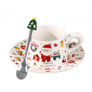 Рождественская чашка "Merry Christmass" Санта-Клаус JJX005 кружка с блюдцем с ложечкой новогодняя в подарочной упаковке White
