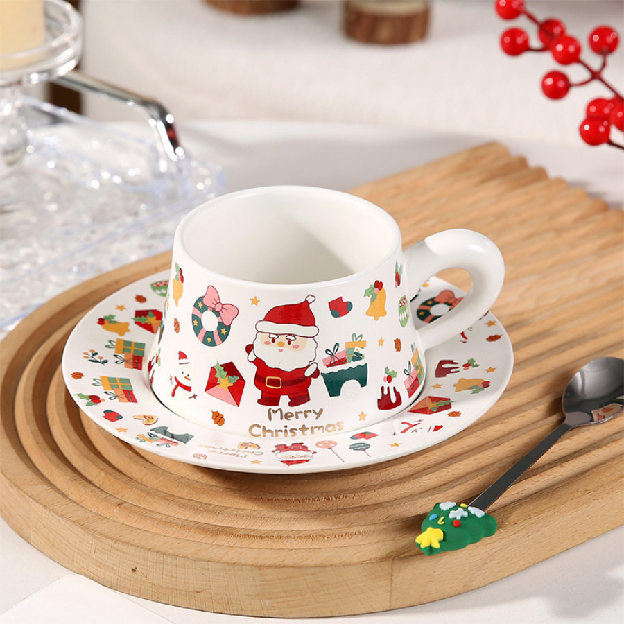 Рождественская чашка "Merry Christmass" Санта-Клаус JJX005 кружка с блюдцем с ложечкой новогодняя в подарочной упаковке White
