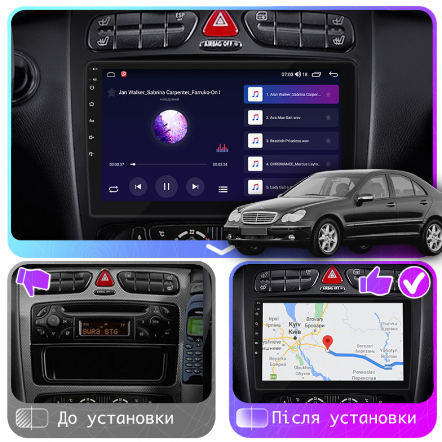 Штатная магнитола Lesko для Mercedes-Benz C-Класс II (W203) 2000-2004 экран 9" 2/32Gb CarPlay 4G Wi-Fi GPS Prime
