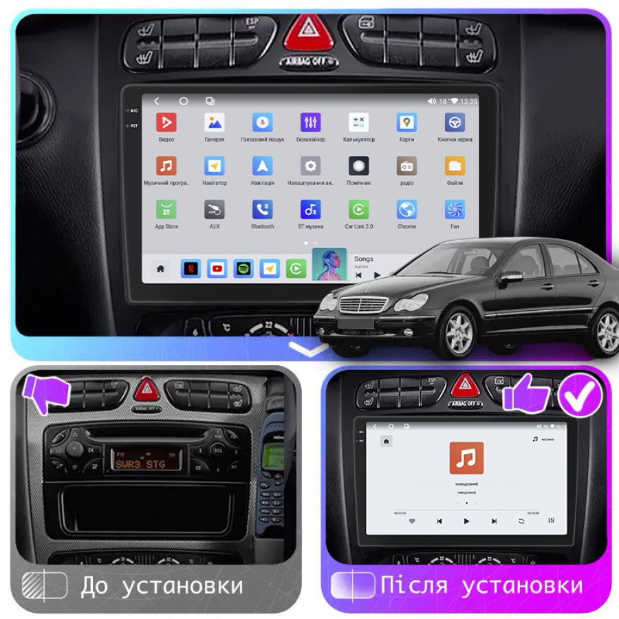 Штатная магнитола Lesko для Mercedes-Benz C-Класс II (W203) 2000-2004 экран 9" 4/64 QLED CarPlay 4G Wi-Fi GPS 360 Prime