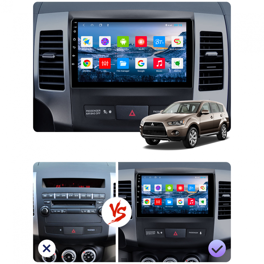 Штатная магнитола Lesko для Mitsubishi Outlander II Рестайлинг 2009-2013 экран 9" 2/32Gb Wi-Fi GPS Base