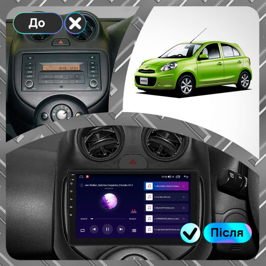 Штатная магнитола Lesko для Nissan Micra IV (K13) Рестайлинг 2013-2016 экран 9" 2/32Gb CarPlay 4G Wi-Fi GPS Prime