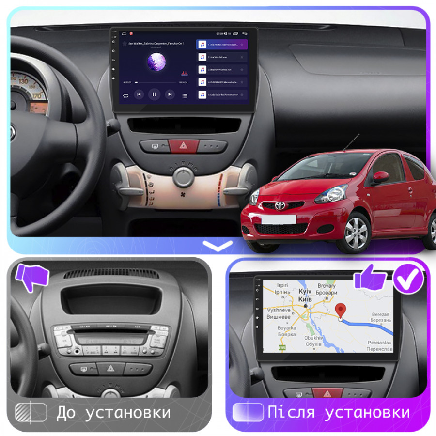 Штатная магнитола Lesko для Toyota Aygo I Рестайлинг 2009-2012 экран 10" 2/32Gb CarPlay 4G Wi-Fi GPS Prime