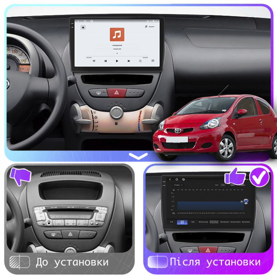 Штатная магнитола Lesko для Toyota Aygo I Рестайлинг 2009-2012 экран 10" 4/64 QLED CarPlay 4G Wi-Fi GPS 360 Prime