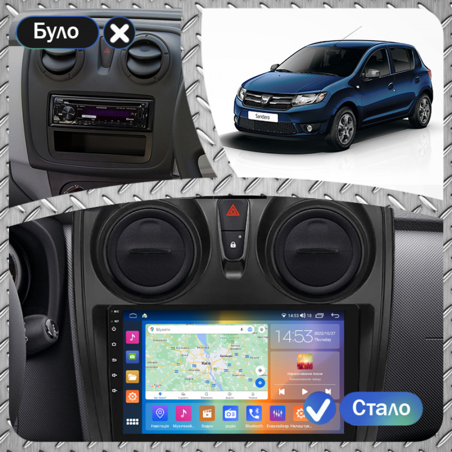 Штатная магнитола Lesko для Dacia Sandero II Рестайлинг 2016-2020 экран 9" 2/32Gb CarPlay 4G Wi-Fi GPS Prime