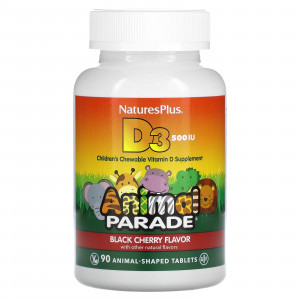 Вітамін D-3, Vitamin D3, Nature's Plus, Animal Parade, смак чорної вишні, 12,5 мкг (500 МО), 90 жувальних таблеток у формі тварин
