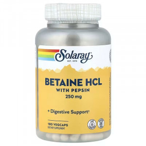 Бетаїн HCl + пепсин, HCL with Pepsin, Solaray, 250 мг, 180 вегетаріанських капсул