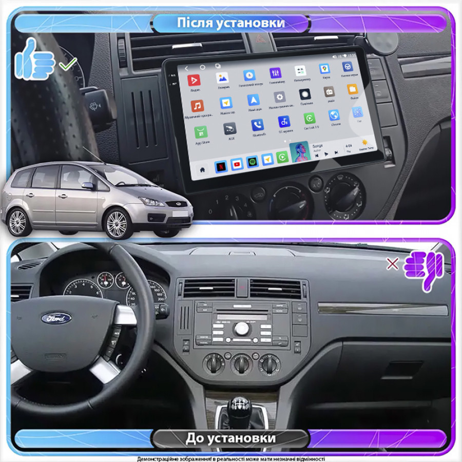 Штатная магнитола Lesko для Ford C-MAX I 2003-2007 экран 9" 4/64 QLED CarPlay 4G Wi-Fi GPS 360 Prime