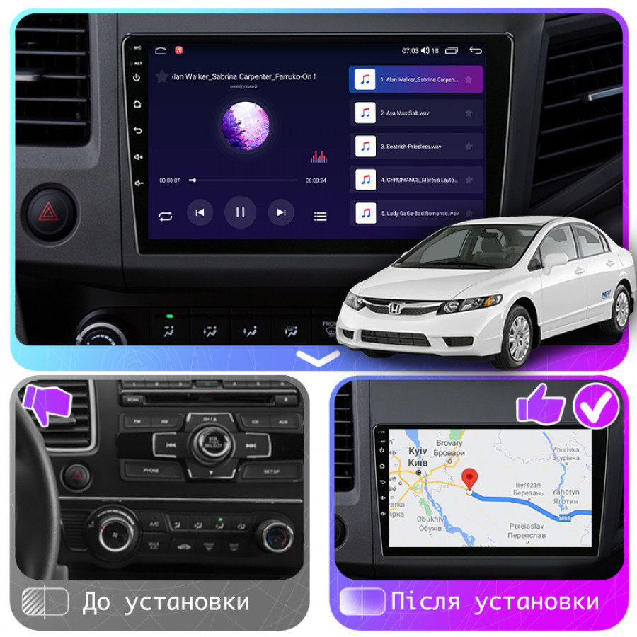 Штатная магнитола Lesko для Honda Civic IX 2011-2015 экран 9" 2/32Gb CarPlay 4G Wi-Fi GPS Prime