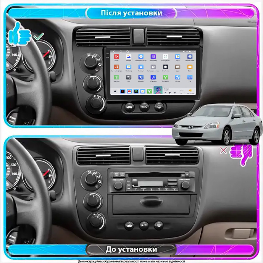 Штатная магнитола Lesko для Honda Civic VII 2000-2003 экран 9" 4/64 QLED CarPlay 4G Wi-Fi GPS 360 Prime