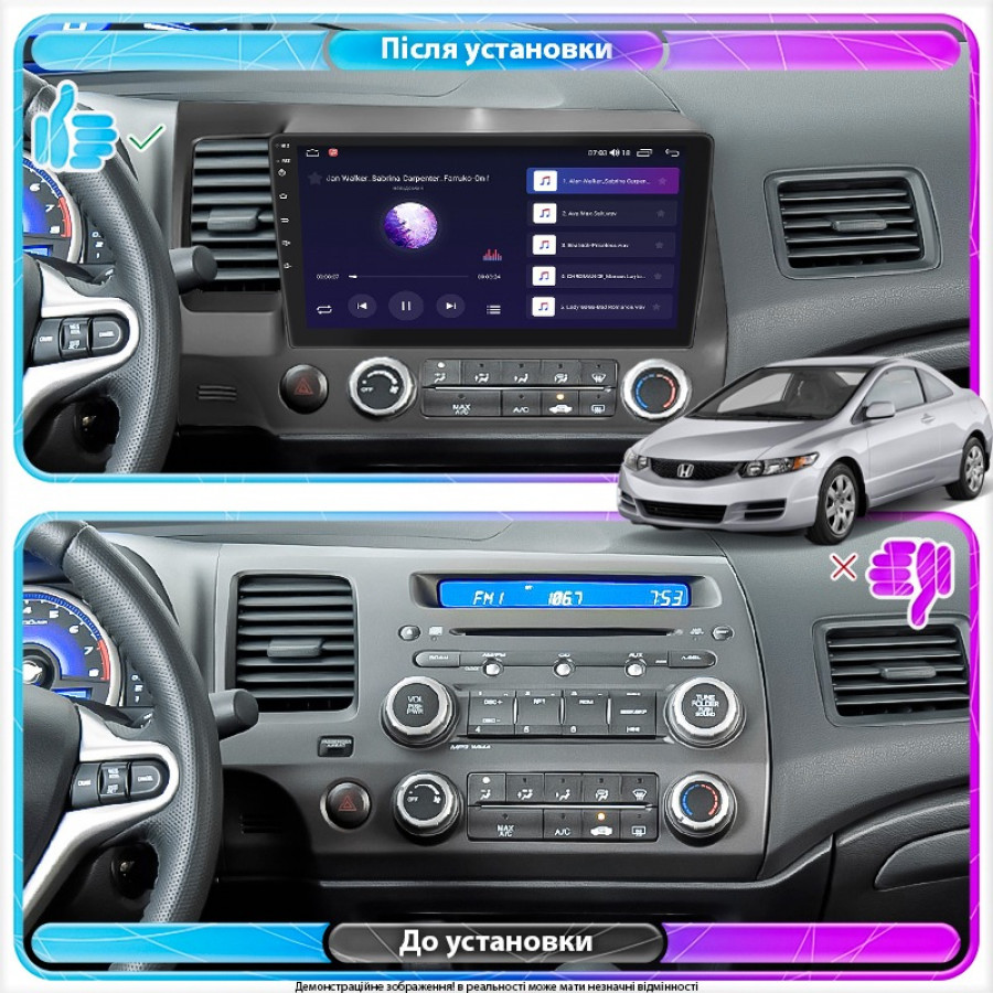 Штатная магнитола Lesko для Honda Civic VIII Рестайлинг 2008-2012 экран 10" 6/128Gb 4G Wi-Fi GPS Top