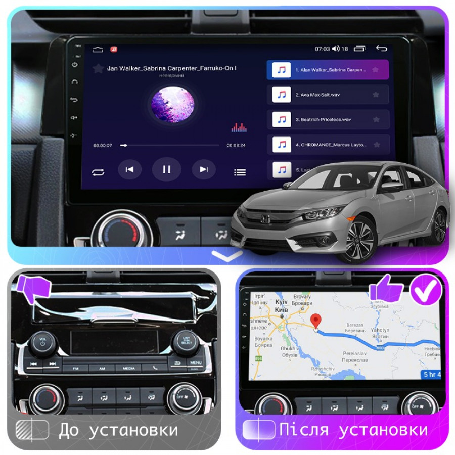 Штатная магнитола Lesko для Honda Civic X 2015-2021 экран 9" 4/64Gb CarPlay 4G Wi-Fi GPS Prime