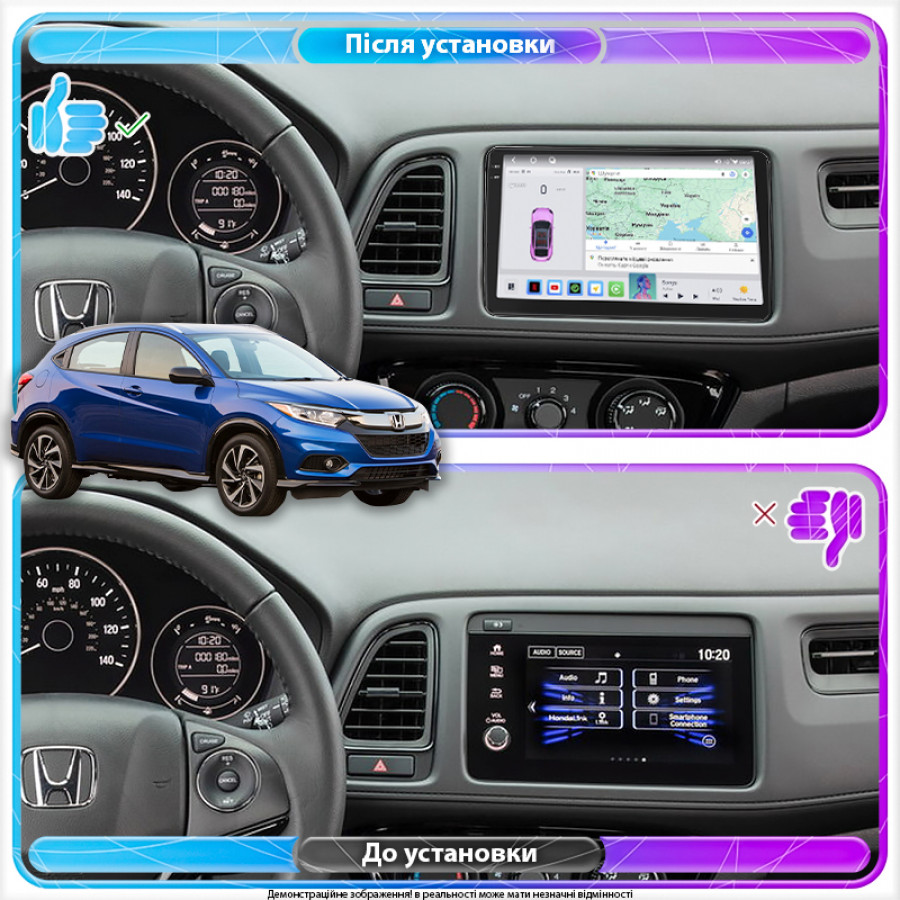 Штатная магнитола Lesko для Honda HR-V II Рестайлинг 2018-н.в. экран 9" 4/64 QLED CarPlay 4G Wi-Fi GPS 360 Prime