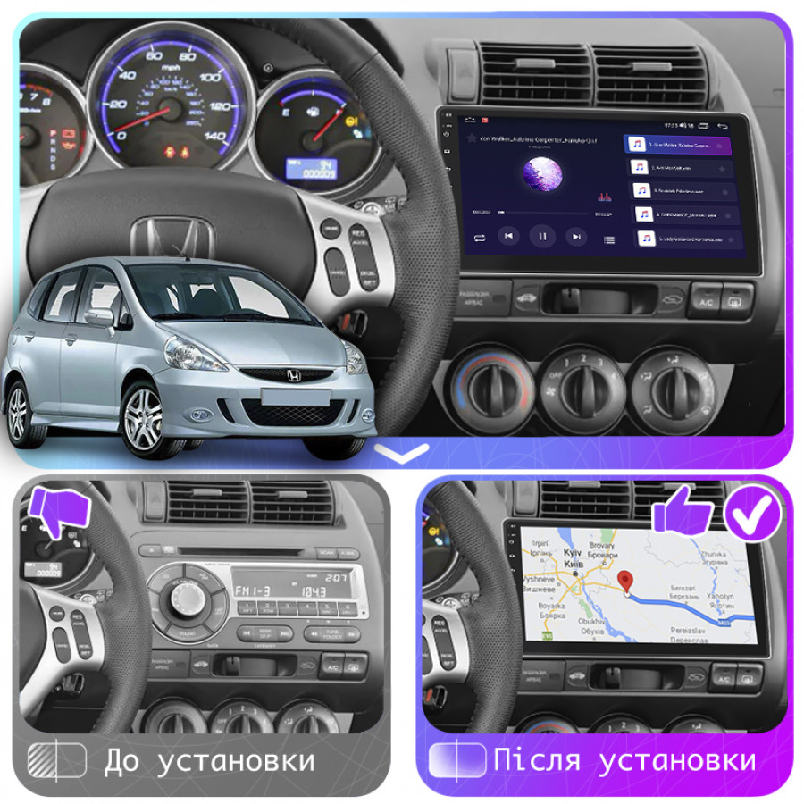Штатная магнитола Lesko для Honda Jazz I Рестайлинг Manual AC 2005-2008 экран 9" 2/32Gb CarPlay 4G Wi-Fi GPS Prime