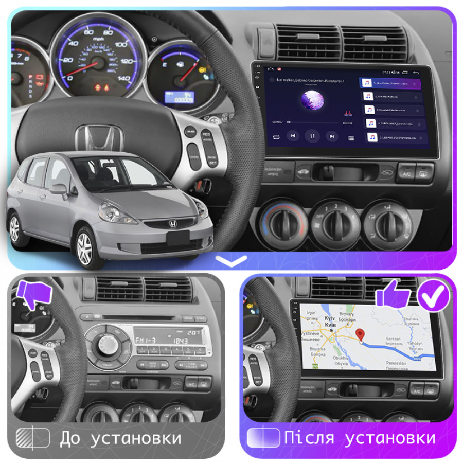 Штатная магнитола Lesko для Honda Jazz I Рестайлинг Manual AC 2005-2008 экран 9" 4/64Gb 4G Wi-Fi GPS Top