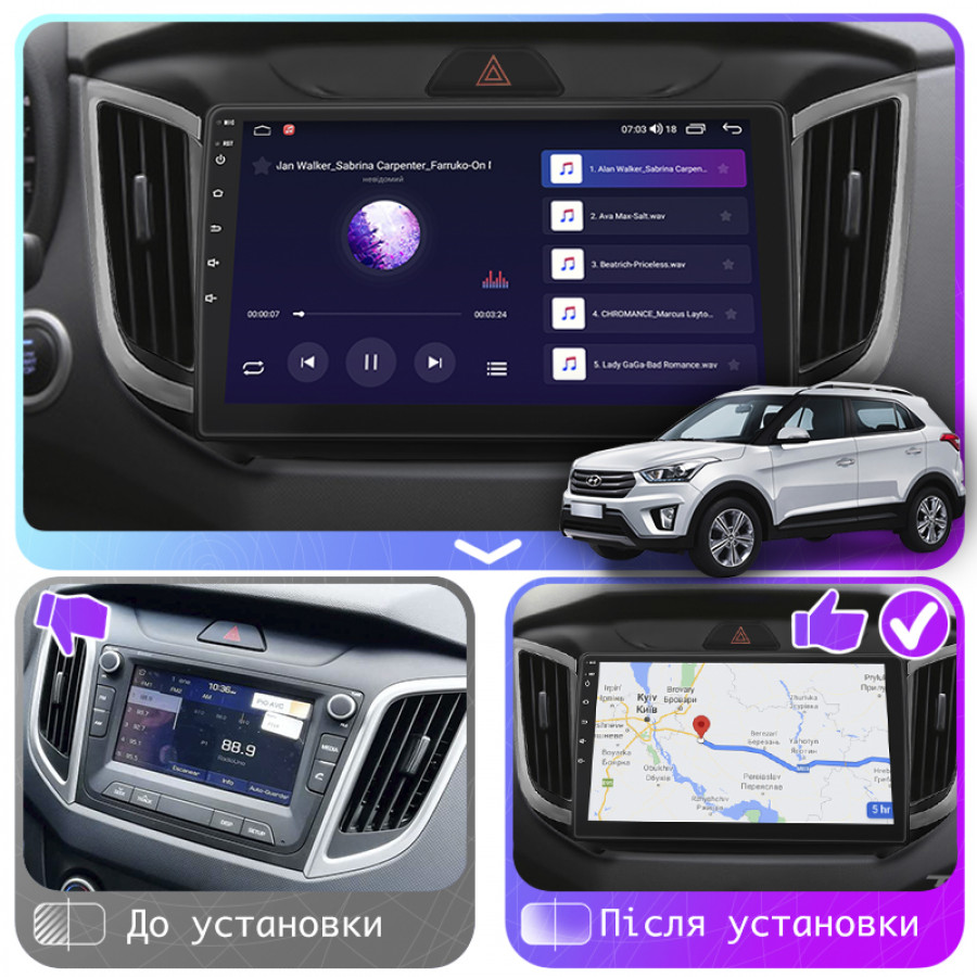 Штатная магнитола Lesko для Hyundai Creta I 2016-2020 экран 10" 4/32Gb 4G Wi-Fi GPS Top