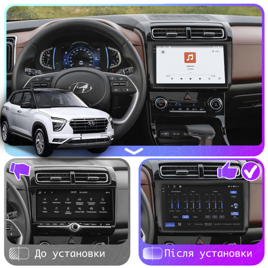 Штатная магнитола Lesko для Hyundai Creta II 2021-н.в. экран 9" 4/64 QLED CarPlay 4G Wi-Fi GPS 360 Prime