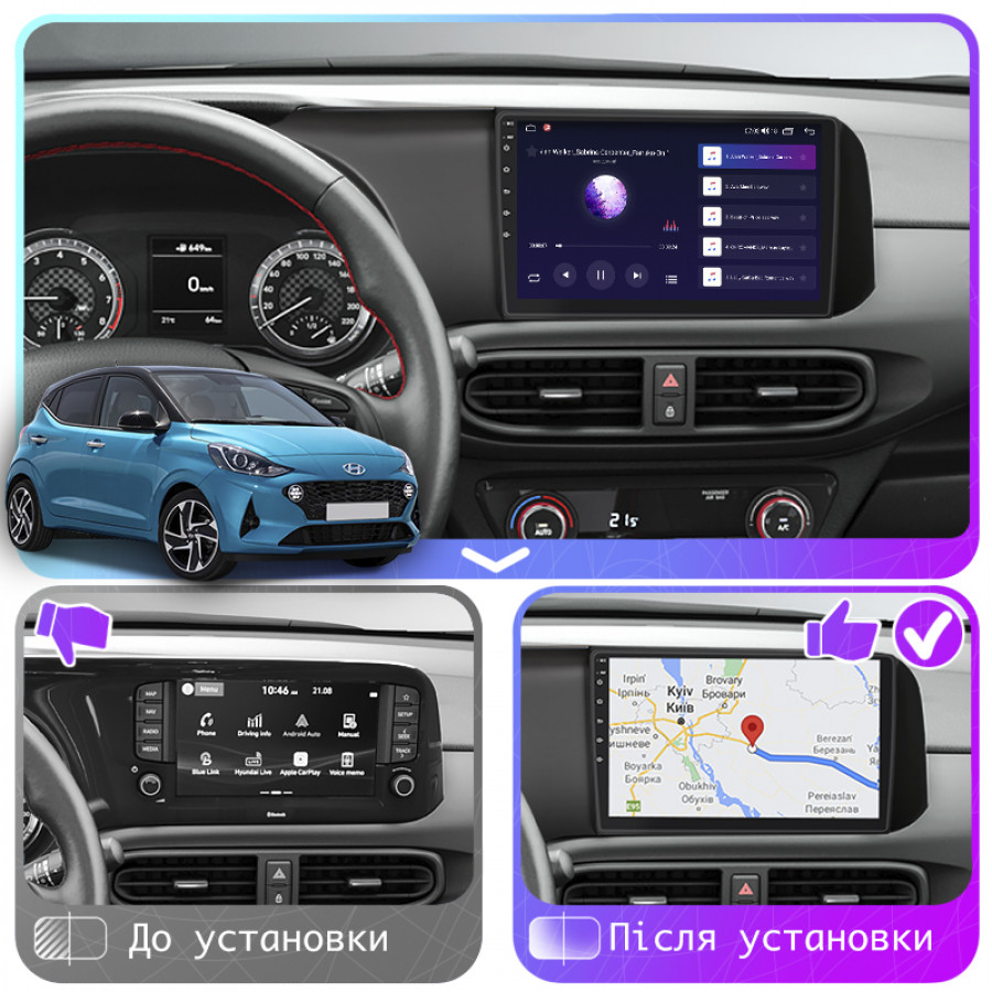 Штатная магнитола Lesko для Hyundai i10 III 2019-н.в. экран 9" 4/64Gb 4G Wi-Fi GPS Top