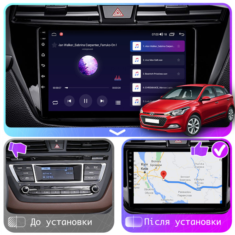 Штатная магнитола Lesko для Hyundai i20 II 2014-2018 экран 9" 2/32Gb CarPlay 4G Wi-Fi GPS Prime