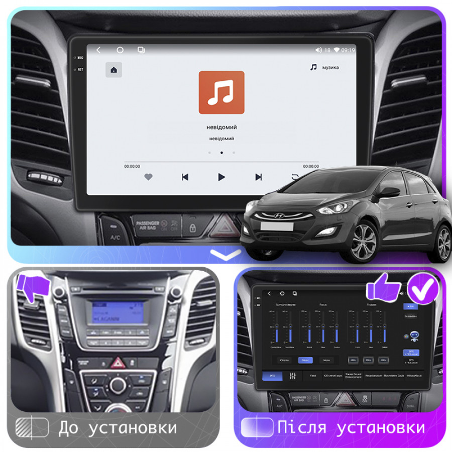Штатная магнитола Lesko для Hyundai i30 II Рестайлинг 2015-2017 экран 9" 4/64 QLED CarPlay 4G Wi-Fi GPS 360 Prime
