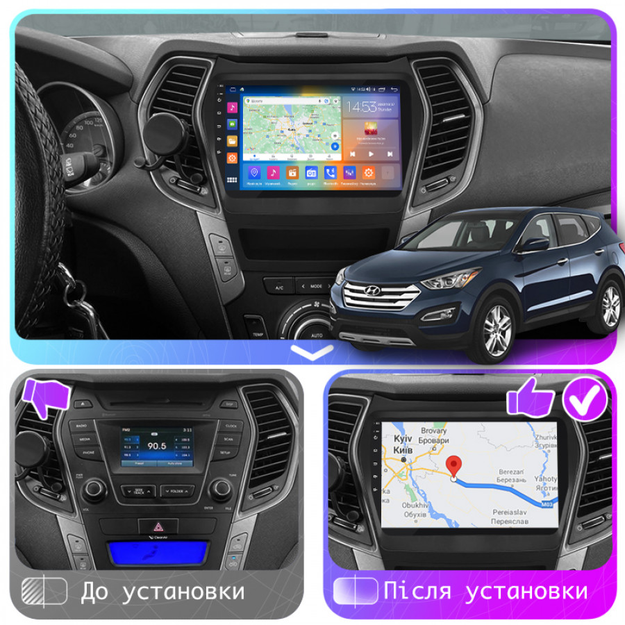 Штатная магнитола Lesko для Hyundai Santa Fe III Рестайлинг 2015-2018 экран 9" 2/32Gb CarPlay 4G Wi-Fi GPS Prime
