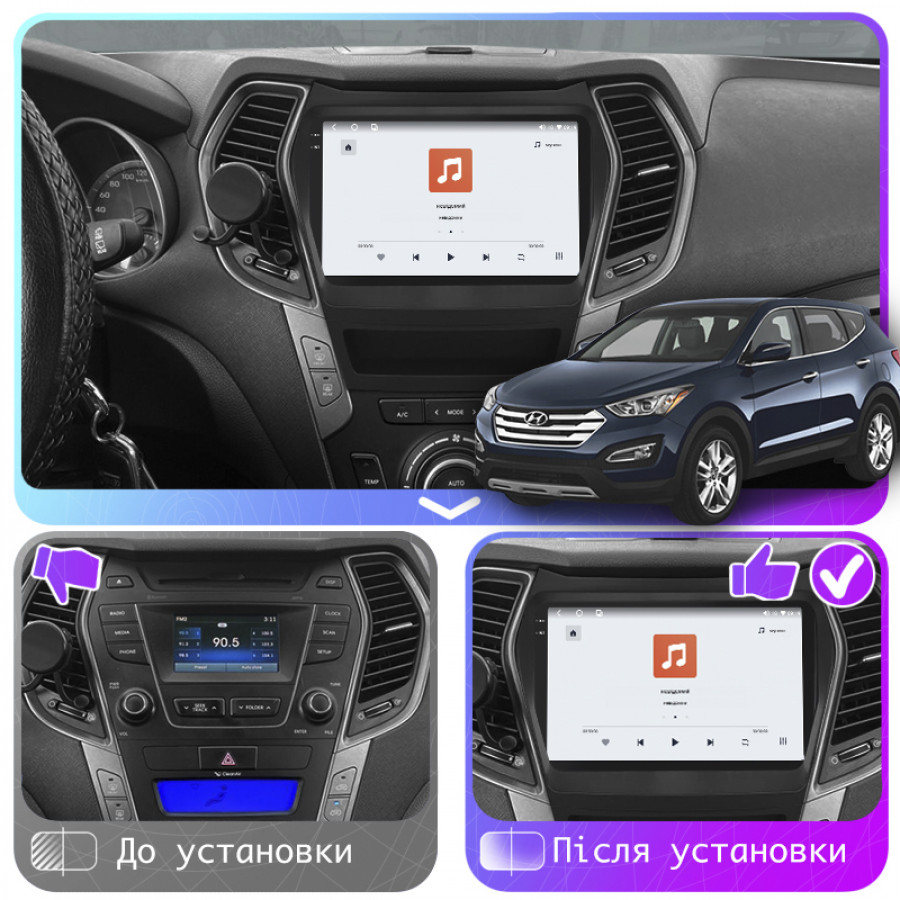 Штатная магнитола Lesko для Hyundai Santa Fe III Рестайлинг 2015-2018 экран 9" 4/64 QLED CarPlay 4G Wi-Fi GPS 360 Prime