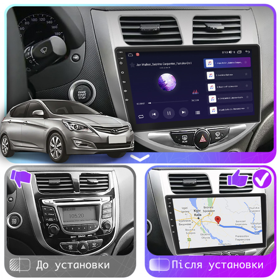 Штатная магнитола Lesko для Hyundai Solaris I Рестайлинг 2014-2017 экран 10" 1/16Gb Wi-Fi GPS Base