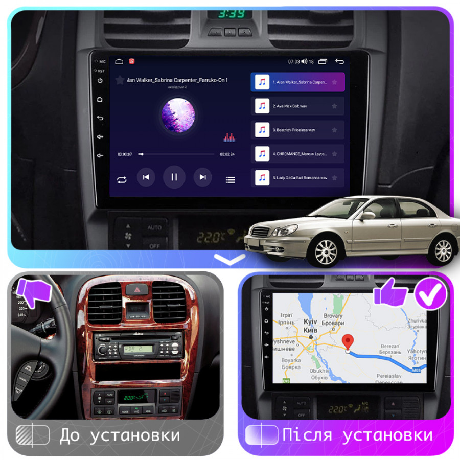 Штатная магнитола Lesko для Hyundai Sonata IV (EF) Рестайлинг 2001-2012 экран 9" 4/64Gb CarPlay 4G Wi-Fi GPS Prime