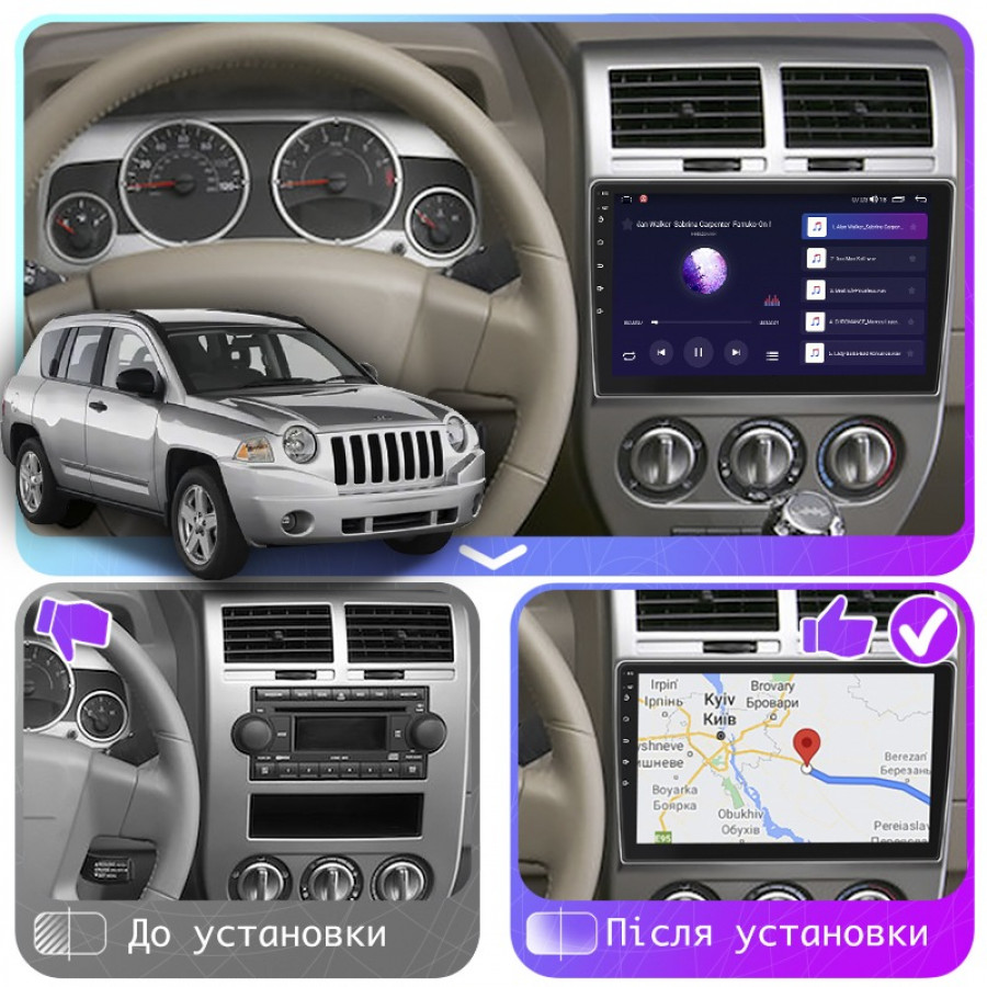 Штатная магнитола Lesko для Jeep Compass I 2006-2010 экран 10" 6/128Gb 4G Wi-Fi GPS Top