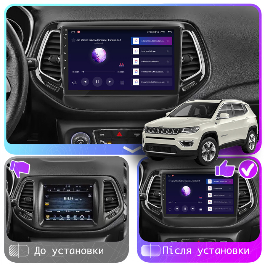 Штатная магнитола Lesko для Jeep Compass II 2017-н.в. экран 10" 2/32Gb CarPlay 4G Wi-Fi GPS Prime