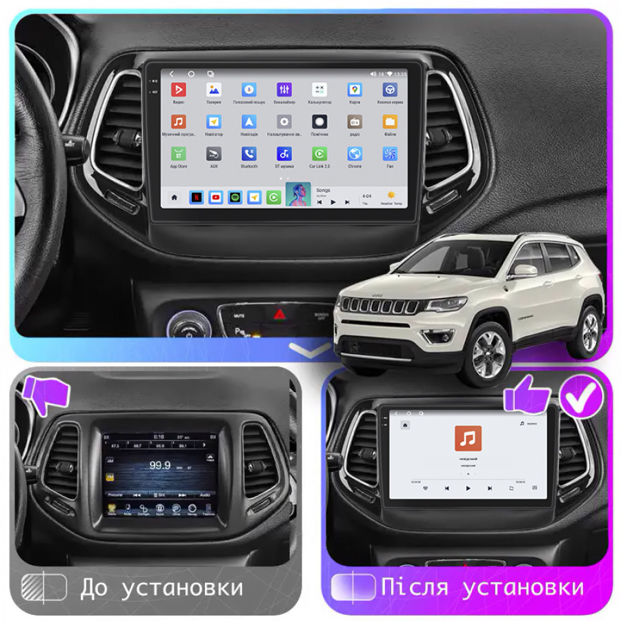Штатная магнитола Lesko для Jeep Compass II 2017-н.в. экран 10" 4/64 QLED CarPlay 4G Wi-Fi GPS 360 Prime