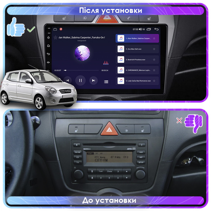 Штатная магнитола Lesko для Kia Picanto I Рестайлинг 2007-2011 экран 9" 2/32Gb CarPlay 4G Wi-Fi GPS Prime