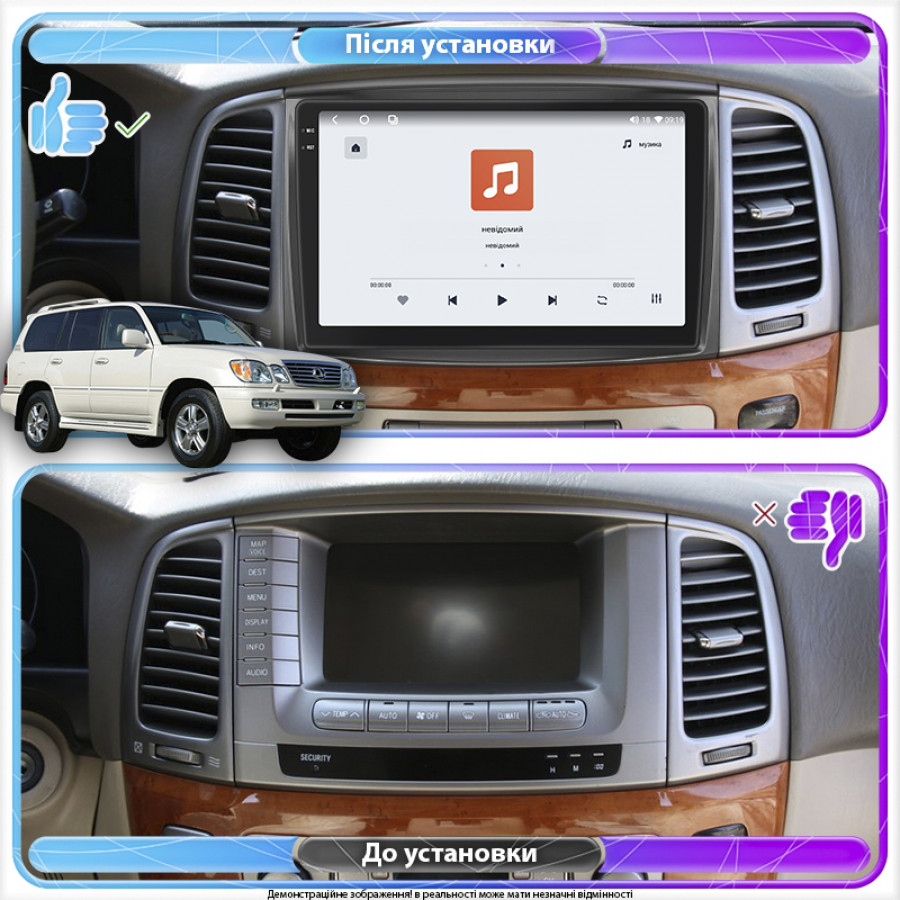 Штатная магнитола Lesko для Lexus LX II Рестайлинг 2002-2007 экран 10" 4/64 QLED CarPlay 4G Wi-Fi GPS 360 Prime