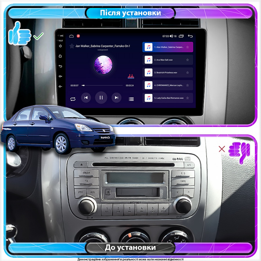 Штатная магнитола Lesko для Suzuki Liana I Рестайлинг 2004-2008 экран 9" 2/32Gb Wi-Fi GPS Base