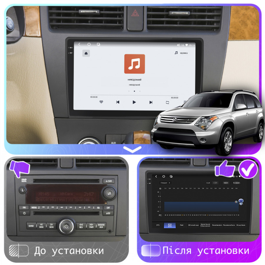 Штатная магнитола Lesko для Suzuki XL7  2007-2009 экран 10" 4/64 QLED CarPlay 4G Wi-Fi GPS 360 Prime