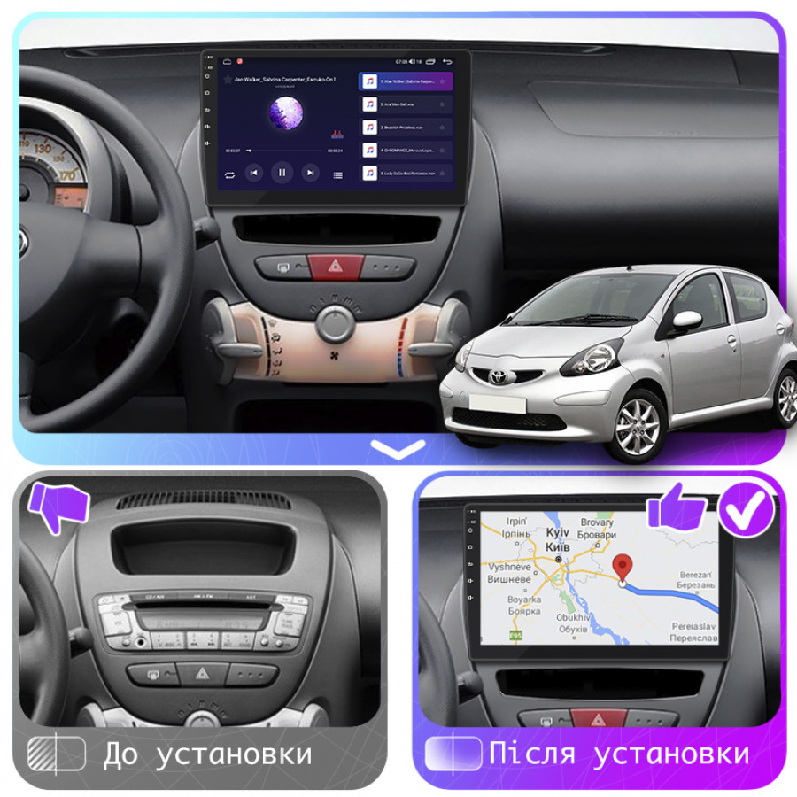 Штатная магнитола Lesko для Toyota Aygo I 2005-2009 экран 10" 4/64Gb CarPlay 4G Wi-Fi GPS Prime