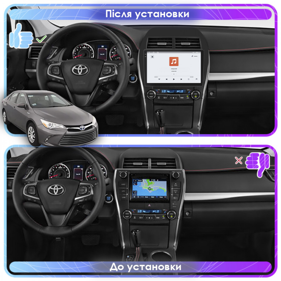 Штатная магнитола Lesko для Toyota Camry (USA) VII (XV50) 2011-2015 экран 10" 4/64 QLED CarPlay 4G Wi-Fi GPS 360 Prime