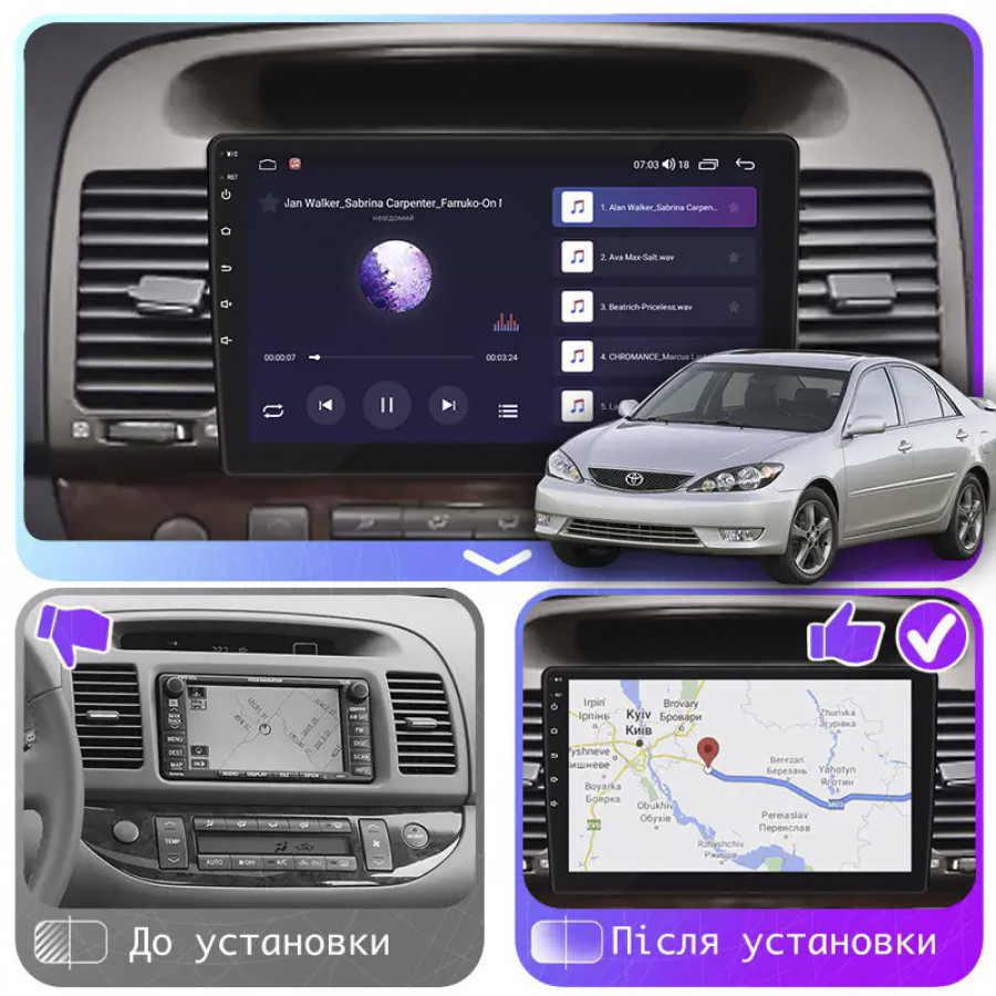 Штатная магнитола Lesko для Toyota Camry V (XV30) Рестайлинг 2004-2006 экран 9" 2/32Gb Wi-Fi GPS Base