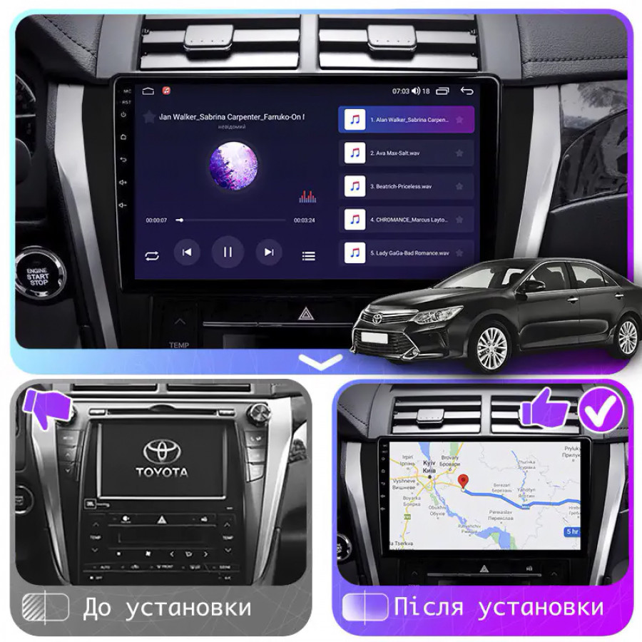 Штатная магнитола Lesko для Toyota Camry VII (XV50) Рестайлинг 2014-2017 экран 10" 2/32Gb CarPlay 4G Wi-Fi GPS Prime