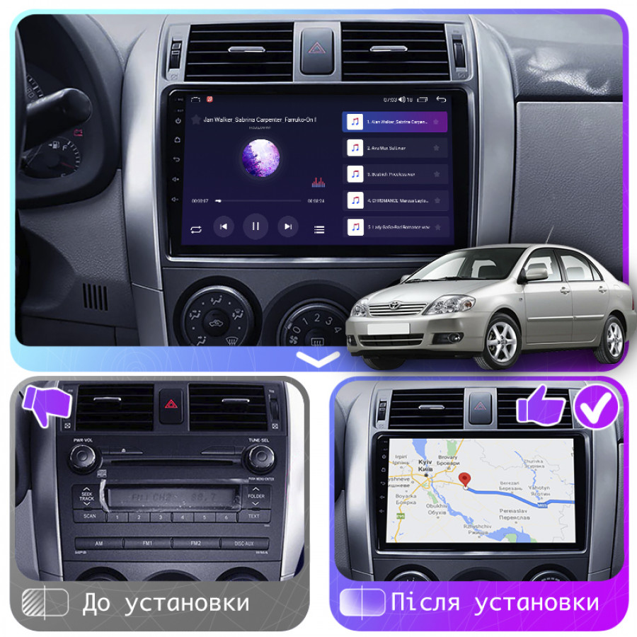 Штатная магнитола Lesko для Toyota Corolla IX (E120, E130) Рестайлинг 2003-2007 экран 9" 4/64Gb CarPlay 4G Wi-Fi GPS Prime