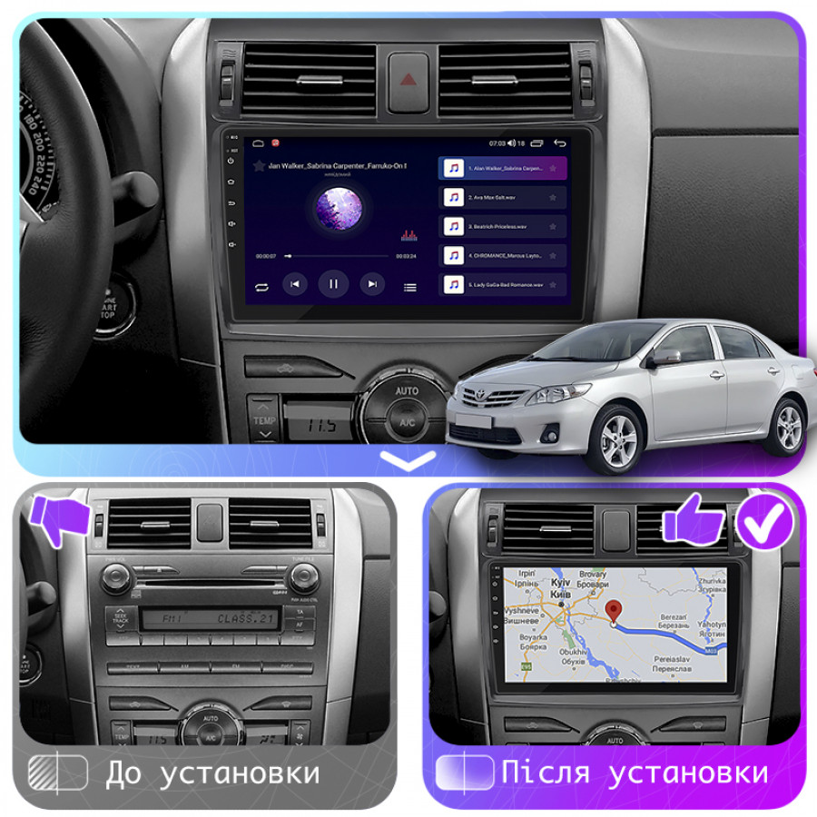 Штатная магнитола Lesko для Toyota Corolla X (E140, E150) Рестайлинг 2010-2013 экран 9" 4/64Gb CarPlay 4G Wi-Fi GPS Prime