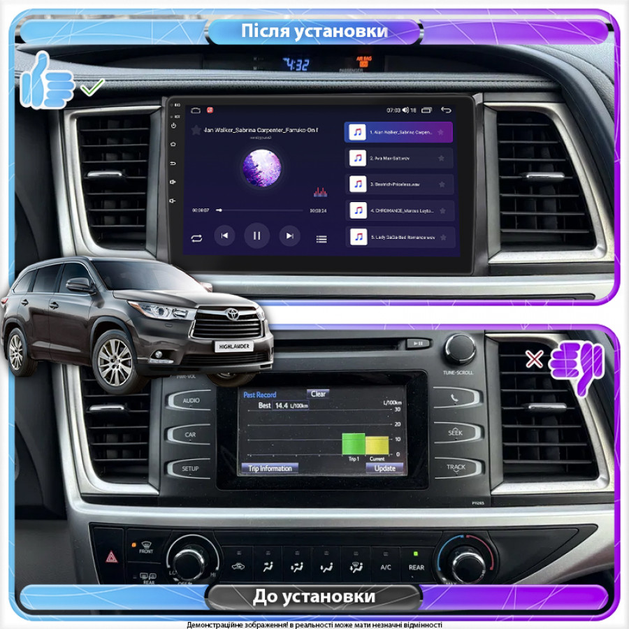 Штатная магнитола Lesko для Toyota Highlander III (U50) 2013-2016 экран 10" 4/64Gb 4G Wi-Fi GPS Top