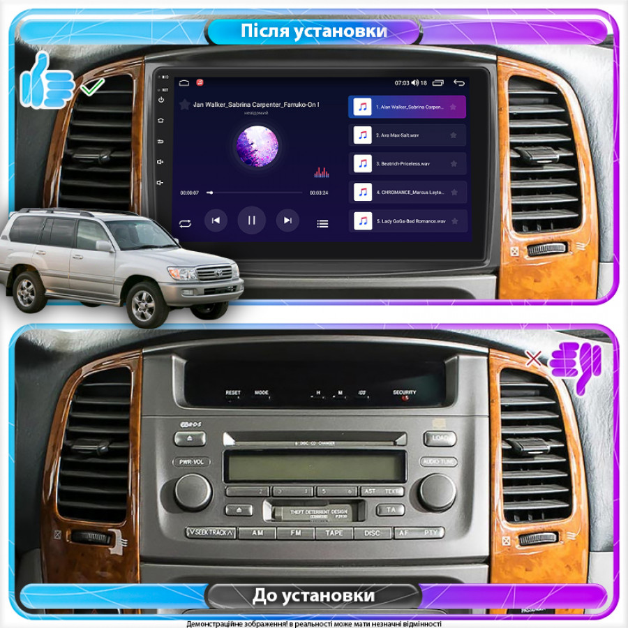Штатная магнитола Lesko для Toyota Land Cruiser 100 Series Рестайлинг 2 2005-2007 экран 10" 2/32Gb CarPlay 4G Wi-Fi GPS Prime