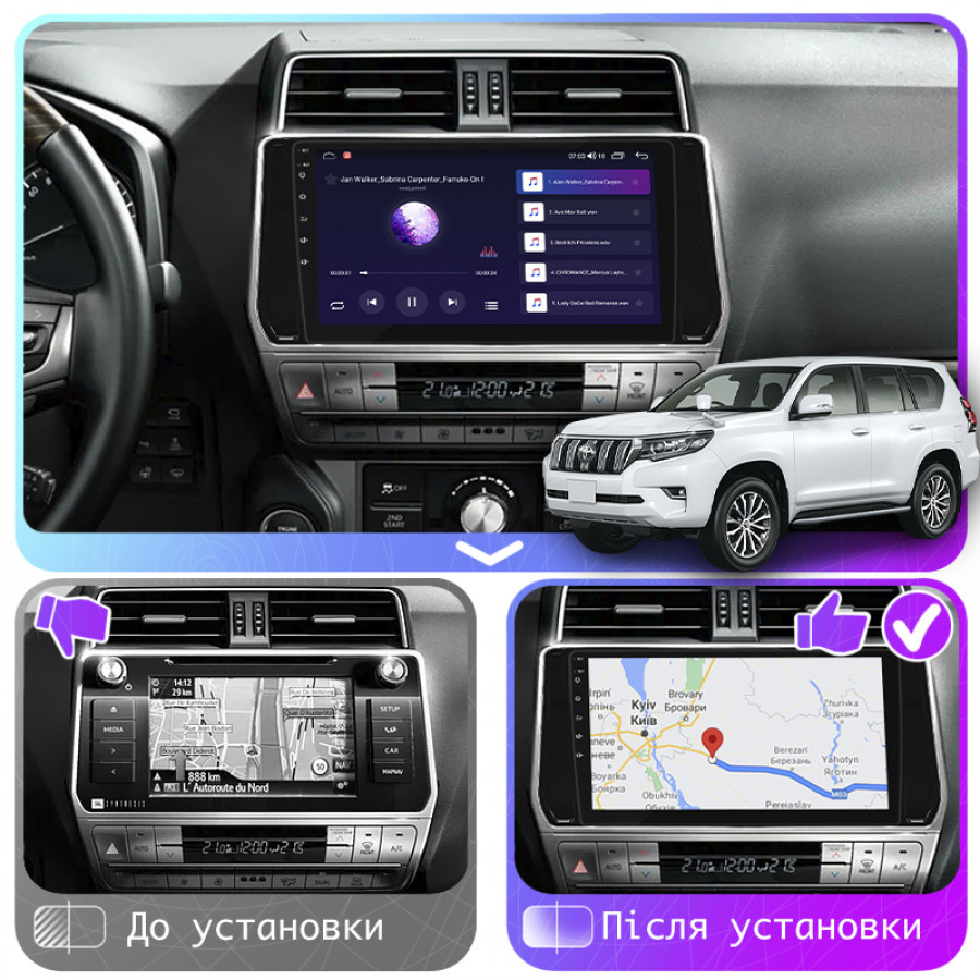 Штатная магнитола Lesko для Toyota Land Cruiser Prado 150 Series Рестайлинг 2 2017-2020 экран 10" 4/32Gb 4G Wi-Fi GPS Top