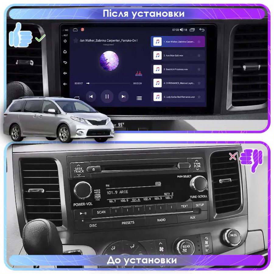 Штатная магнитола Lesko для Toyota Sienna III 2010-2014 экран 9" 6/128Gb 4G Wi-Fi GPS Top