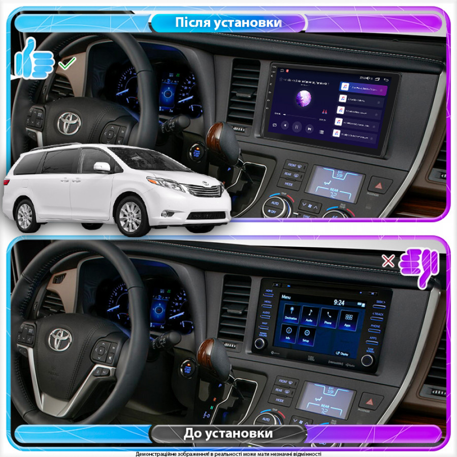 Штатная магнитола Lesko для Toyota Sienna III Рестайлинг 2014-2017 экран 9" 4/64Gb CarPlay 4G Wi-Fi GPS Prime
