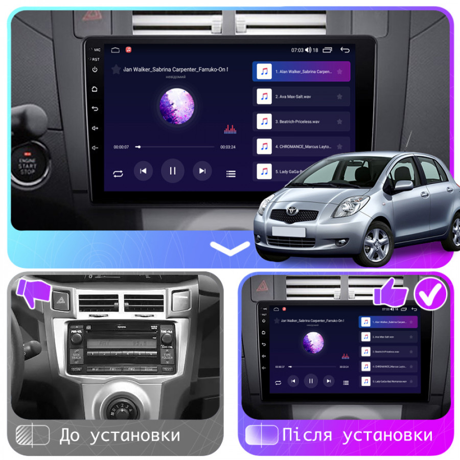 Штатная магнитола Lesko для Toyota Yaris II Рестайлинг 2009-2012 экран 9" 4/64Gb CarPlay 4G Wi-Fi GPS Prime