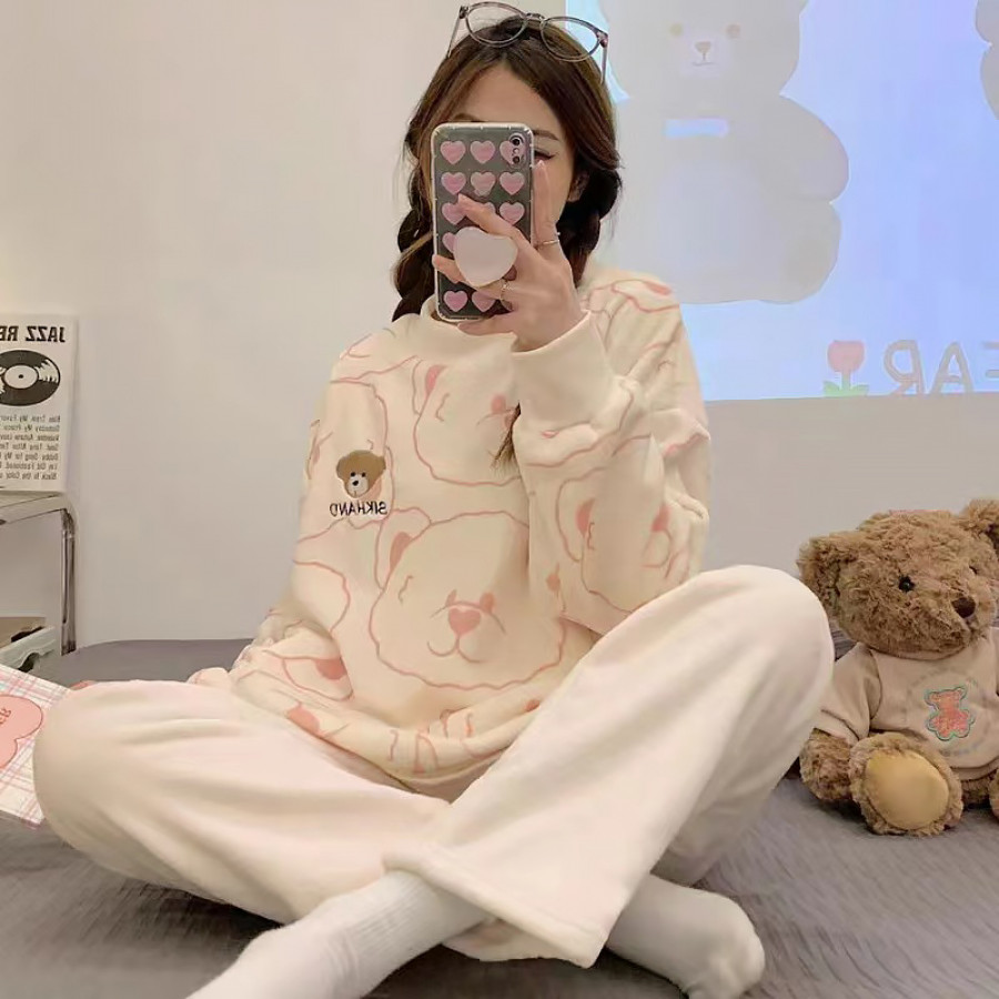 Комплект женской пижамы 301 Bear Pink рубашка с длинным рукавом и штанами теплая M