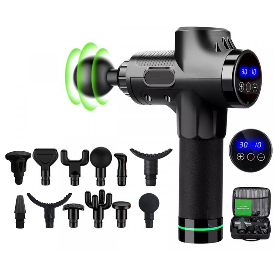 Ударний перкусійний масажер Massage Gun Max 30 режимів та 12 насадок з кейсом (Чорний)